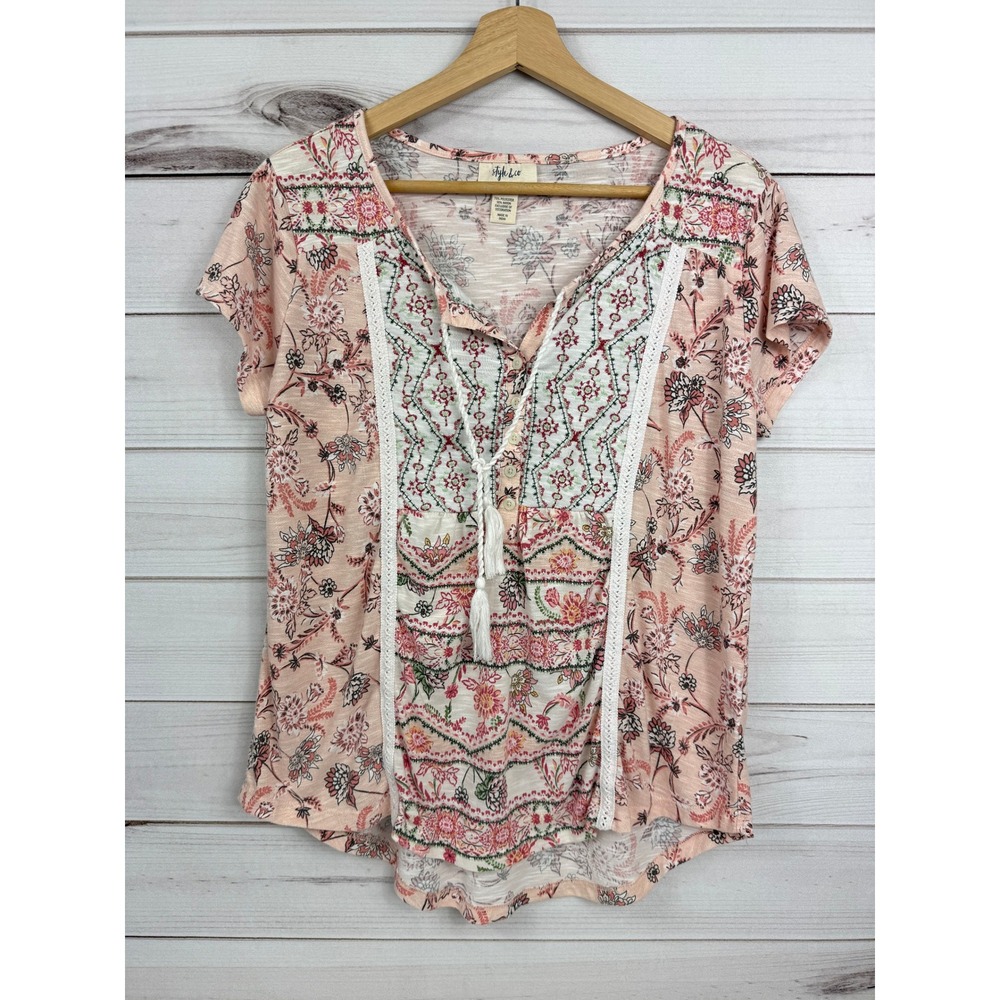 Style Co Floral Embroidered‎ V Neck Tassel Boho Tunic Top Women's Size S